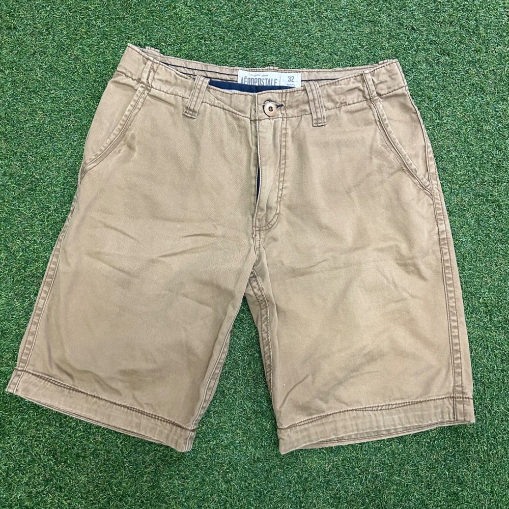 Aeropostale Mens Khaki Chino Shorts Tan Size 32 Flat Front Casual Twill